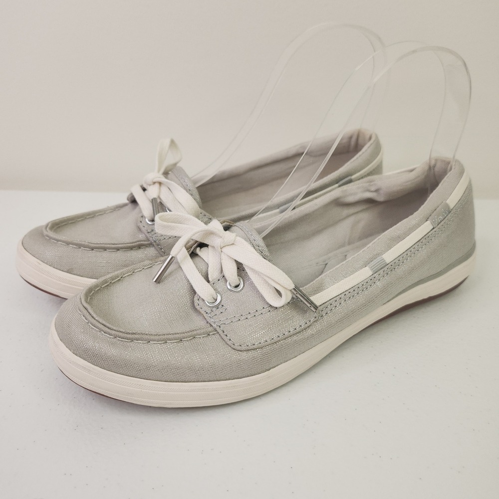 Coastal Grandma Silver Shimmer Boat Shoes 6.5 Metallic Deck Loafers Slip Ons